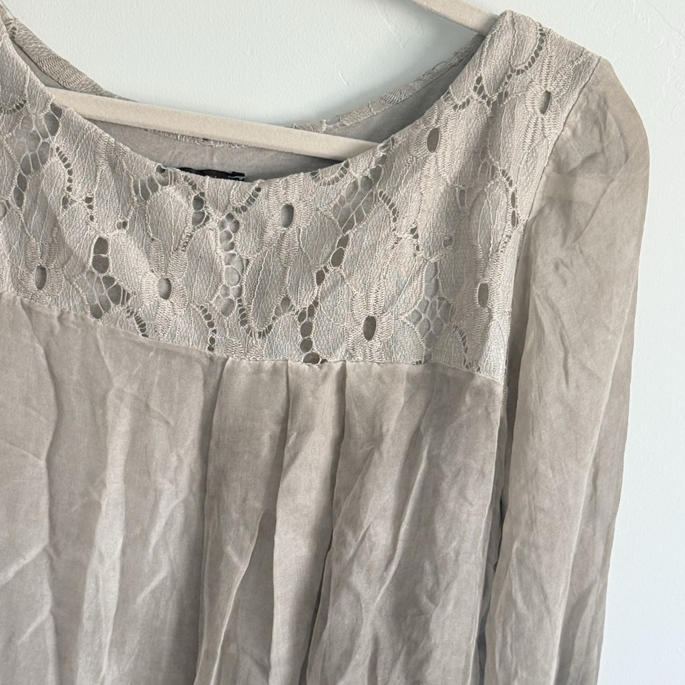 AMANTI Silk Taupe blouse Women M Lace Italy Romantic Poet Forest Fairy Whimsy - Picture 2 of 12